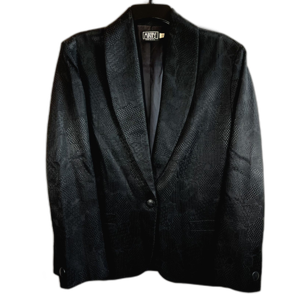 Vtg 80's MIKABE Black Blazer Jacket Floral Texture Lined One Button Size 12